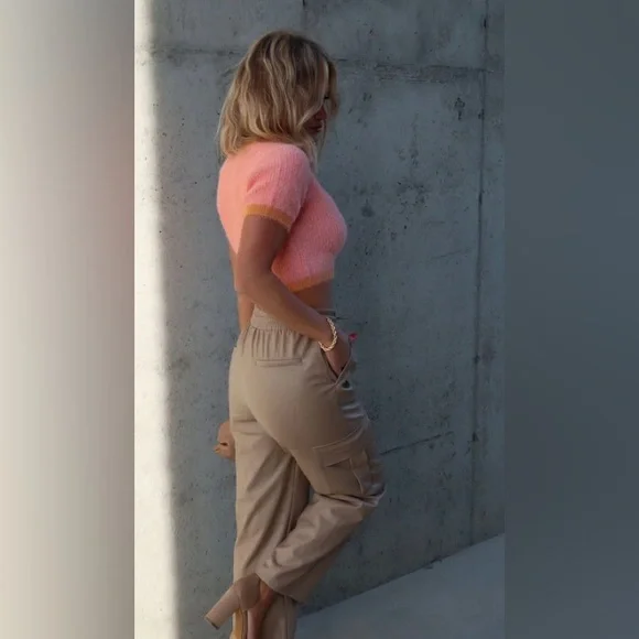 VICI fuzzy eyelash style sweater NEW cropped, short sleeve, coral RE $60 S - Picture 5 of 16